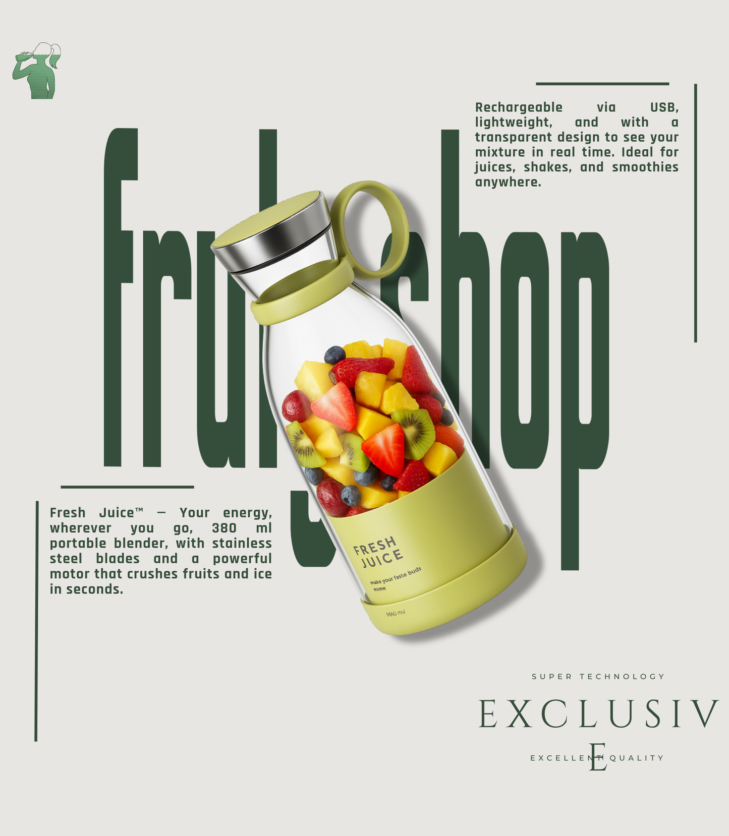 Blender Smoothie Juicer, Portable Blender Mini Jug Blenders, Multifunctional Personal Blender with USB Rechargeable